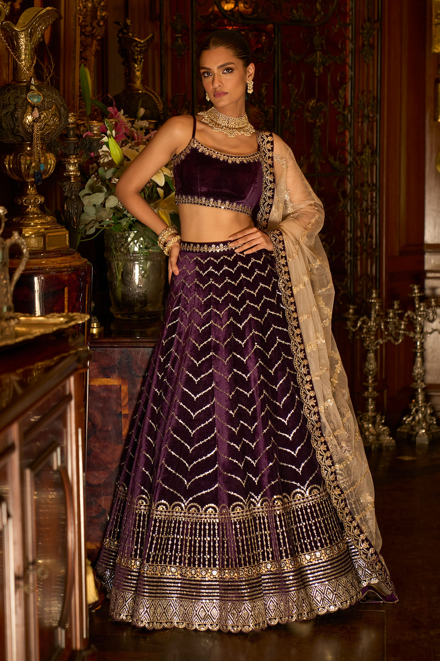 Buy Purple Lehenga And Blouse Velvet Embroidered Thread Scoop Zari 