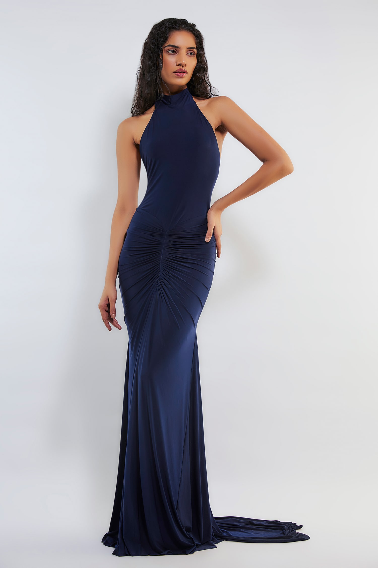 Buy Blue Malai Lycra Solid Halter Wendy High Neck Gown For Women by ...