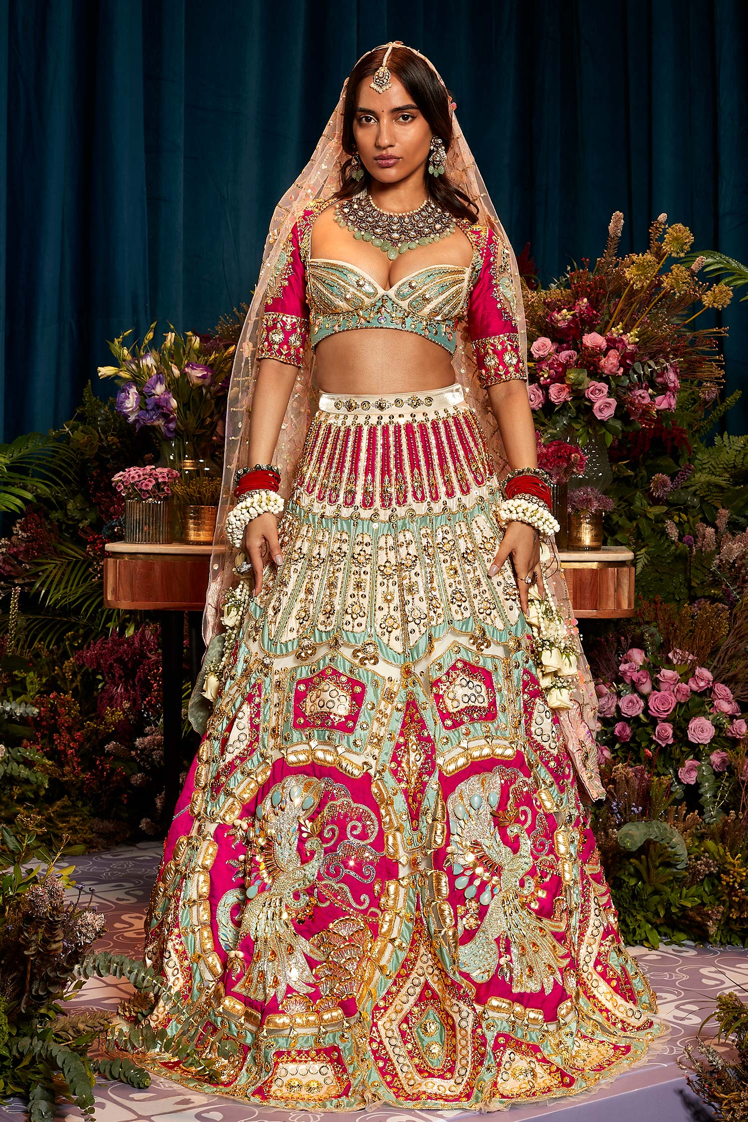 Buy Red Tulle Embellished 3d Metal Rose Applique Embroidered Lehenga