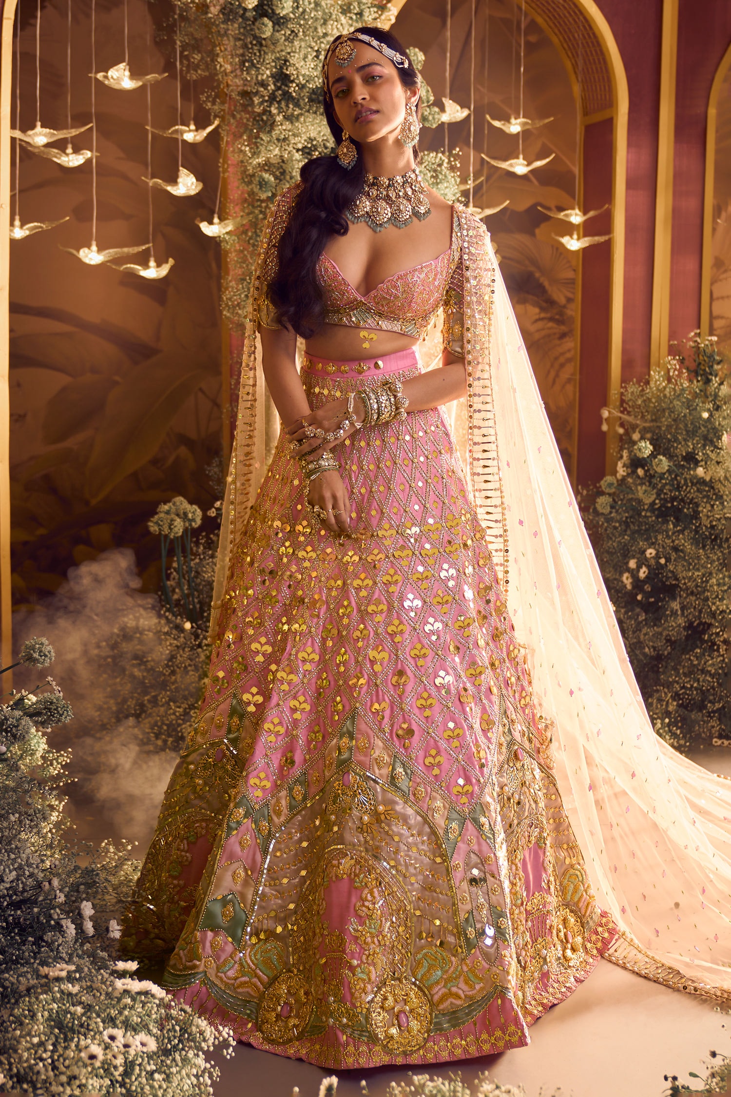 Pink and gold bridal lehenga sale