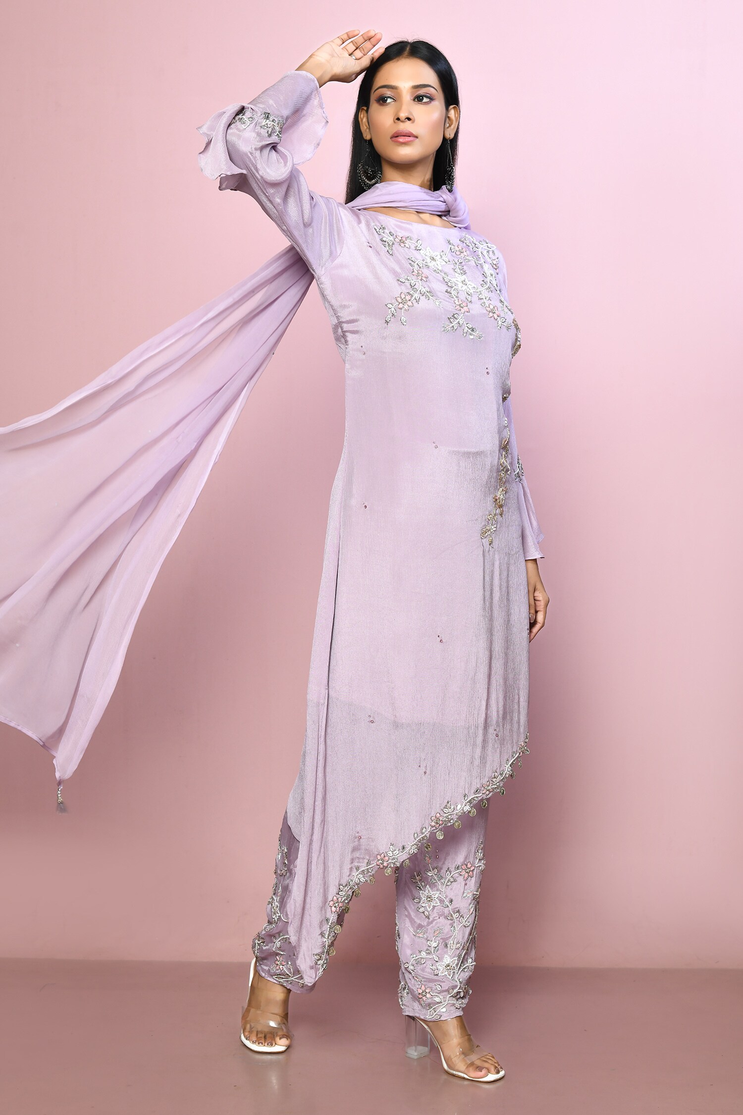 Buy Purple Kurta And Pant Embroidery Floral Placement Set