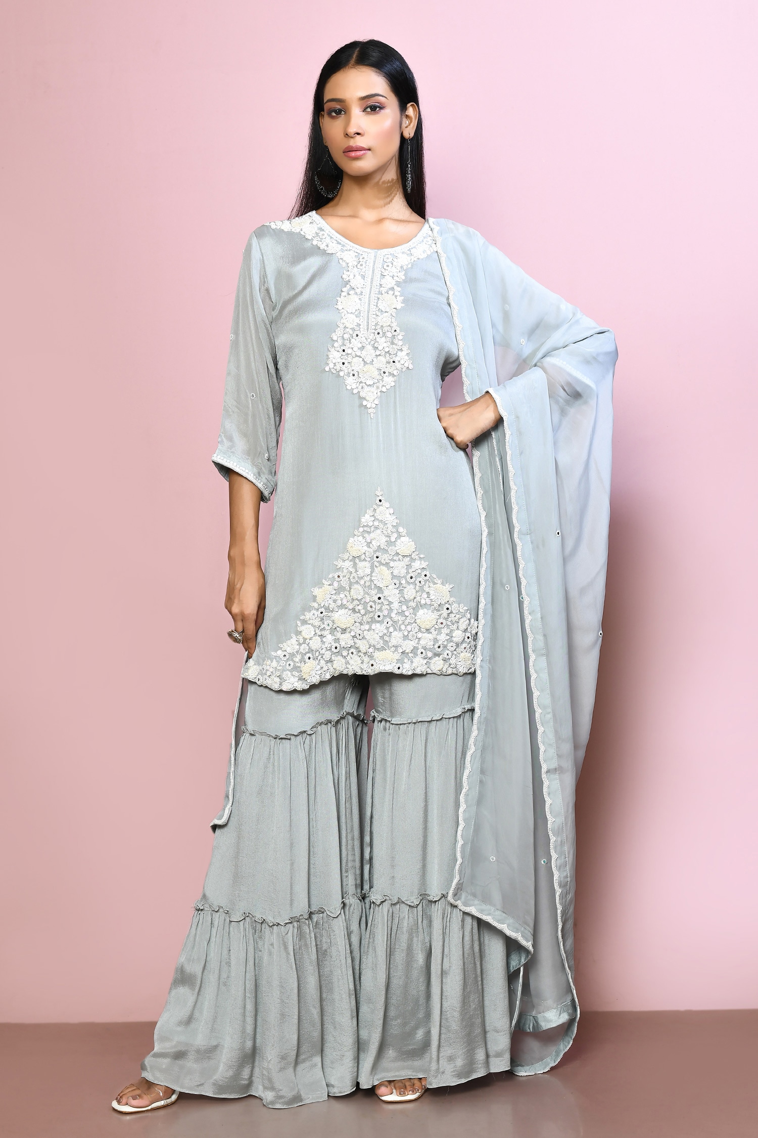 Buy Grey Kurta And Gharara: Silk Embroidery Thread Round Work Set For ...