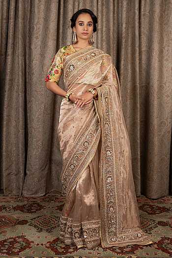 Vistavelle Silver Grey Simmer Silk Saree with Intricate Aari Work & Stitched Blouse main image 1