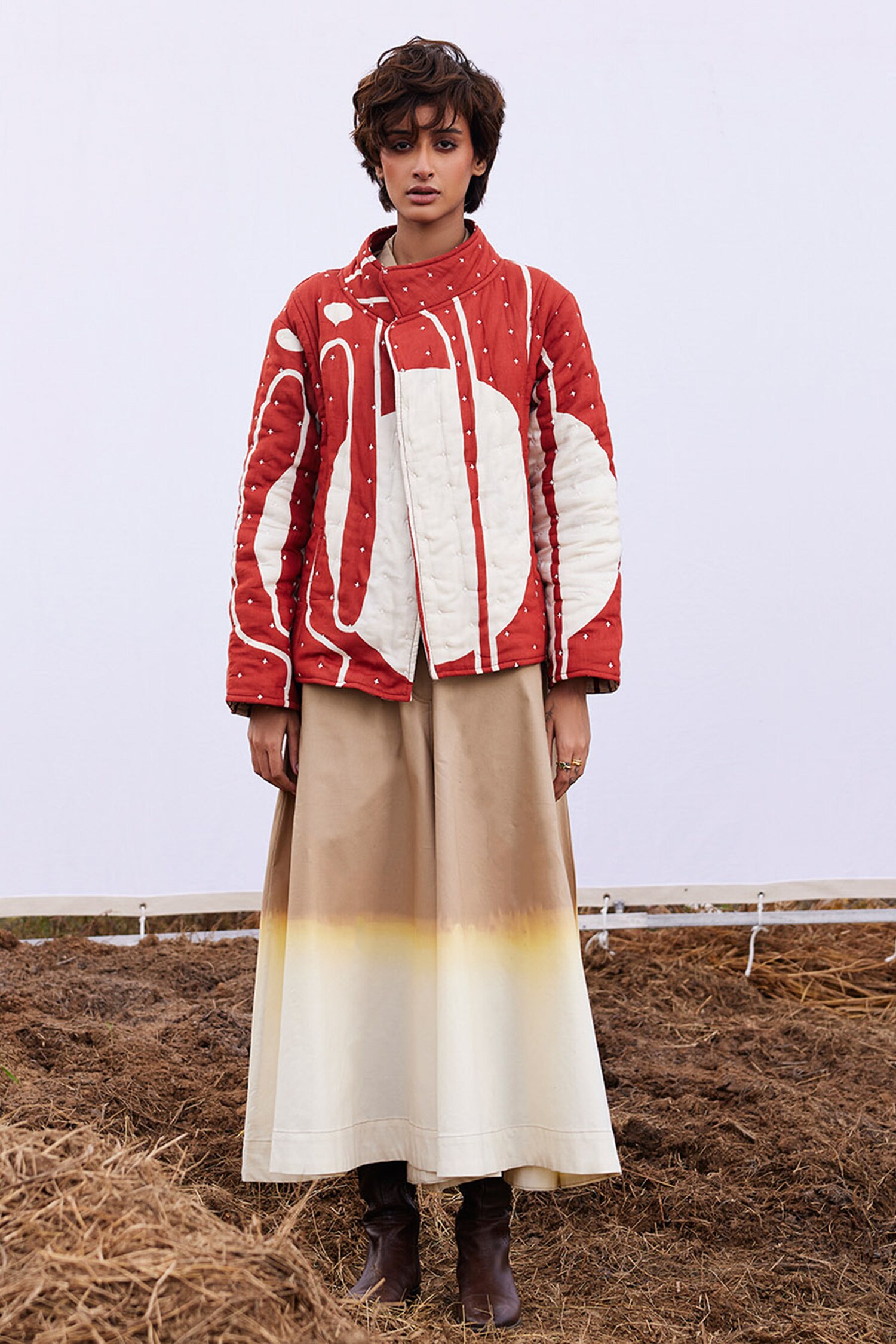 Buy Red Cotton Mul Print Abstract Stand Collar Quilted Jacket For Women