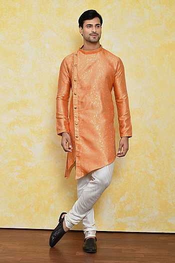 Buy Orange Kurta: Jacquard Asymmetric Band Collar And Churidar Set For ...