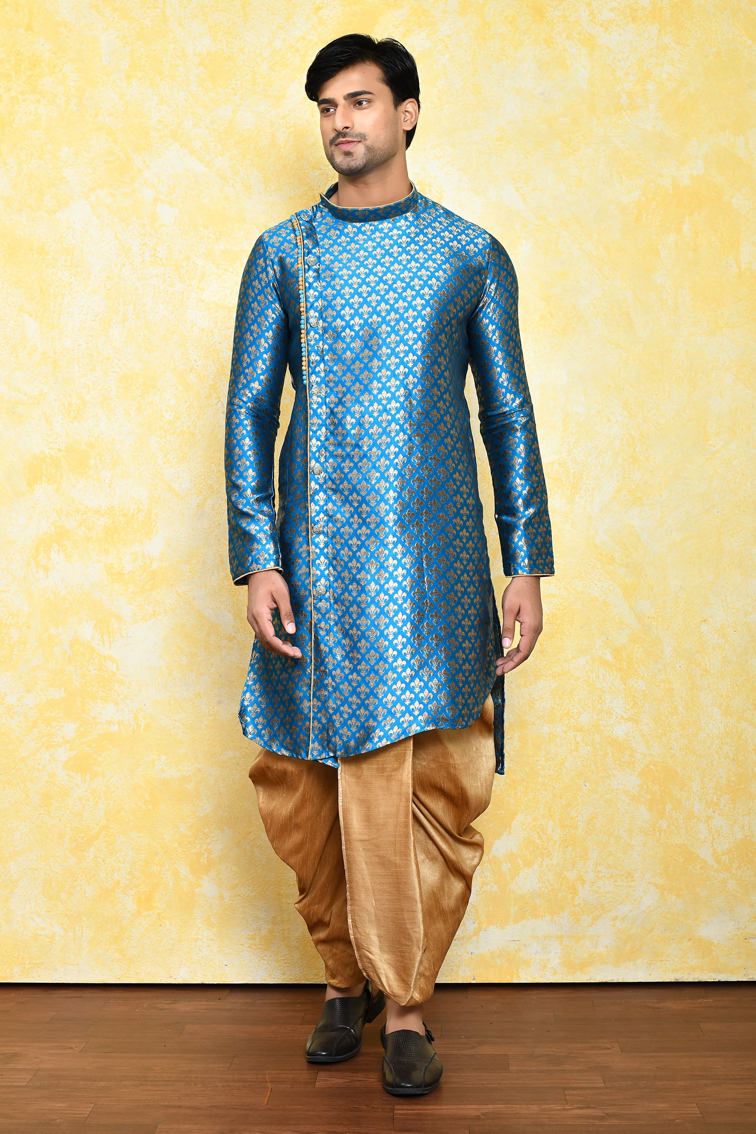 Buy Blue Kurta Jacquard Printed Floral Motifs Work And Dhoti Pant Set