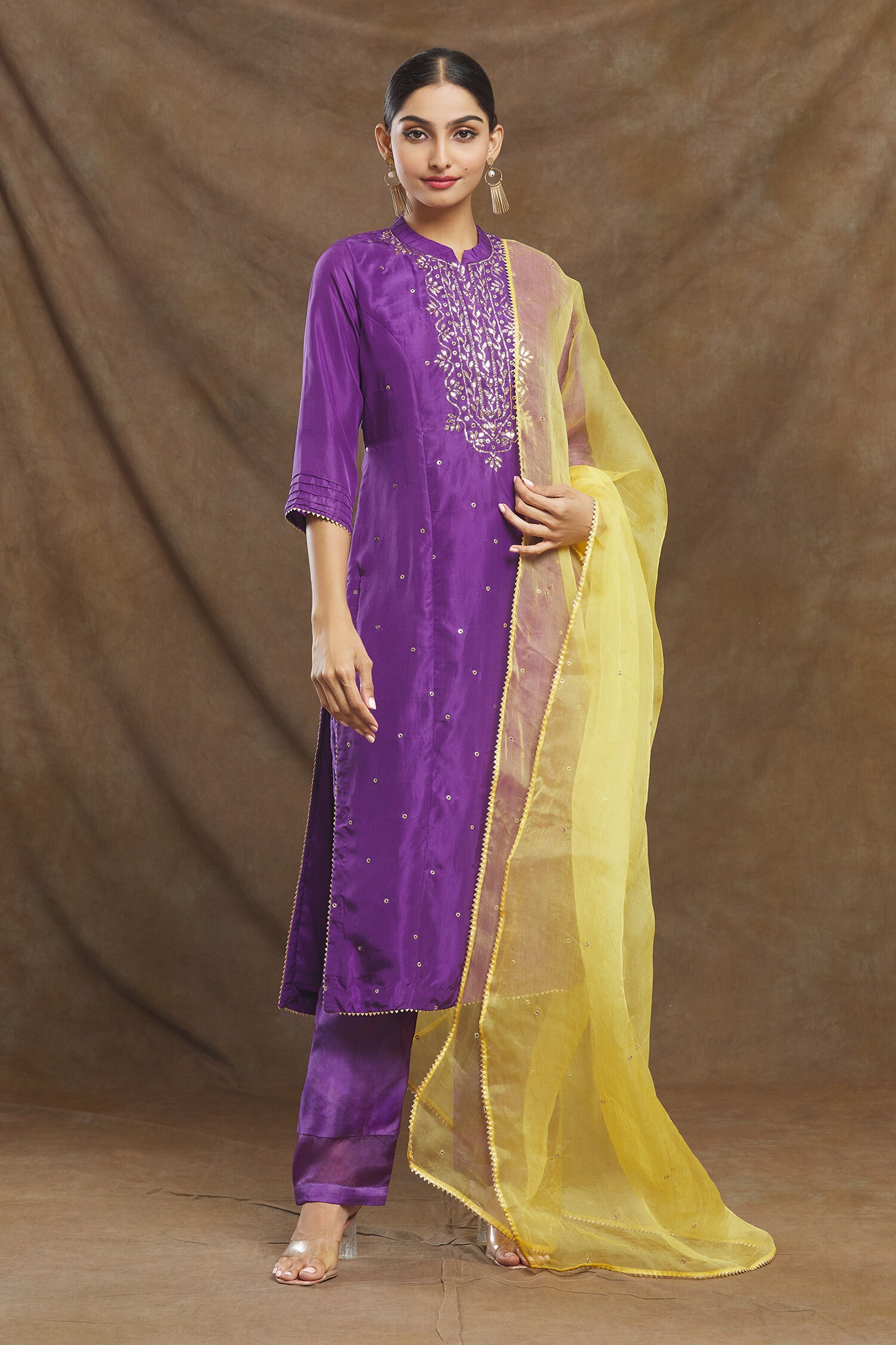 Buy Purple Kurta Pure Silk Hand Embroidered Kaamdani Floral Pant Set