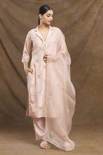 Hand-Embroidered Ombre Fuchsia-Pink Pure Katan-Silk Kurta-Pants Set main image 1