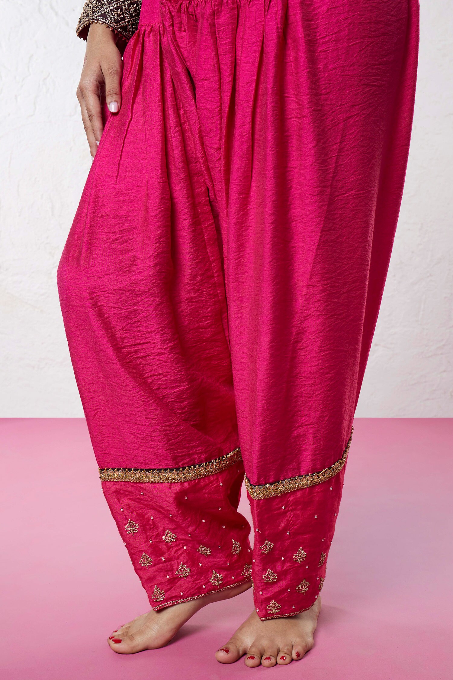 Buy Pink Chanderi Embroidery Zari Thread Border Pant For Women by Pants and  Pajamas Online at Aza Fashions.