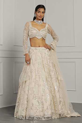 Ivory Embellished Lehenga Set with Silver Cutdana Embroidery Blouse & Net Dupatta