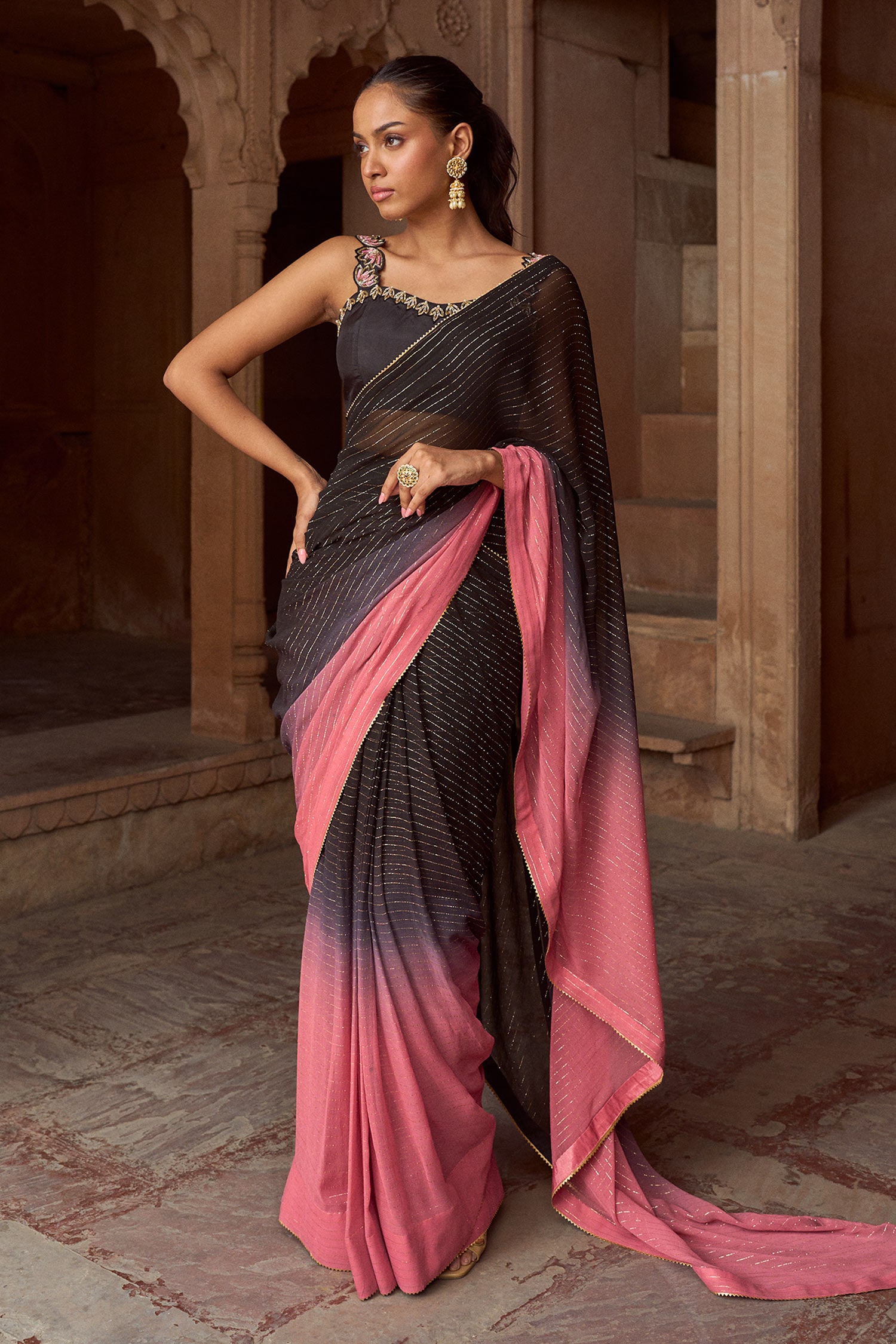 Silk Black Blouse Pink Saree at best price in New Delhi | ID: 17314607162