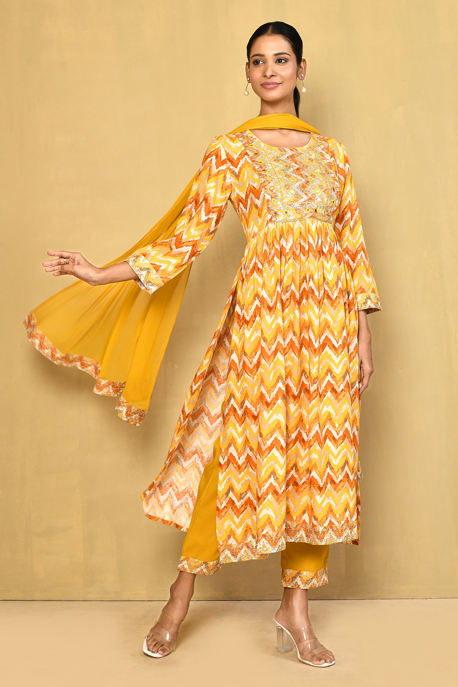 Buy Yellow Kurta And Pant Rayon Print Chevron Mirror Work Yoke Set For Women By Adara Khan 