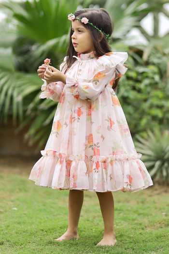 JANYAS CLOSET Peach Printed Party Drape Dress With Hair Accessory main image 1