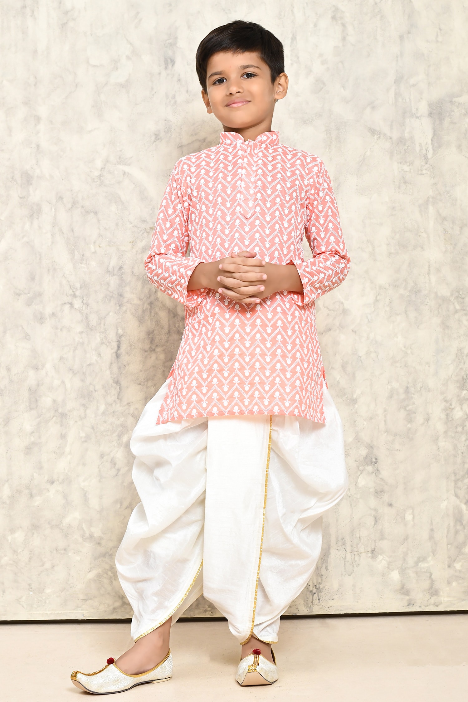 Buy Peach Cotton Embroidered Chevron Kurta Dhoti Pant Set For Boys