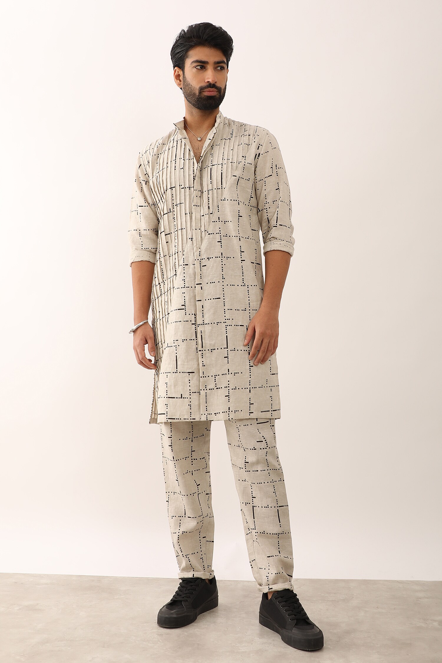 Buy Ivory 100% Linen Print Digital Maze Aadi Tetris Kurta Set For Men ...