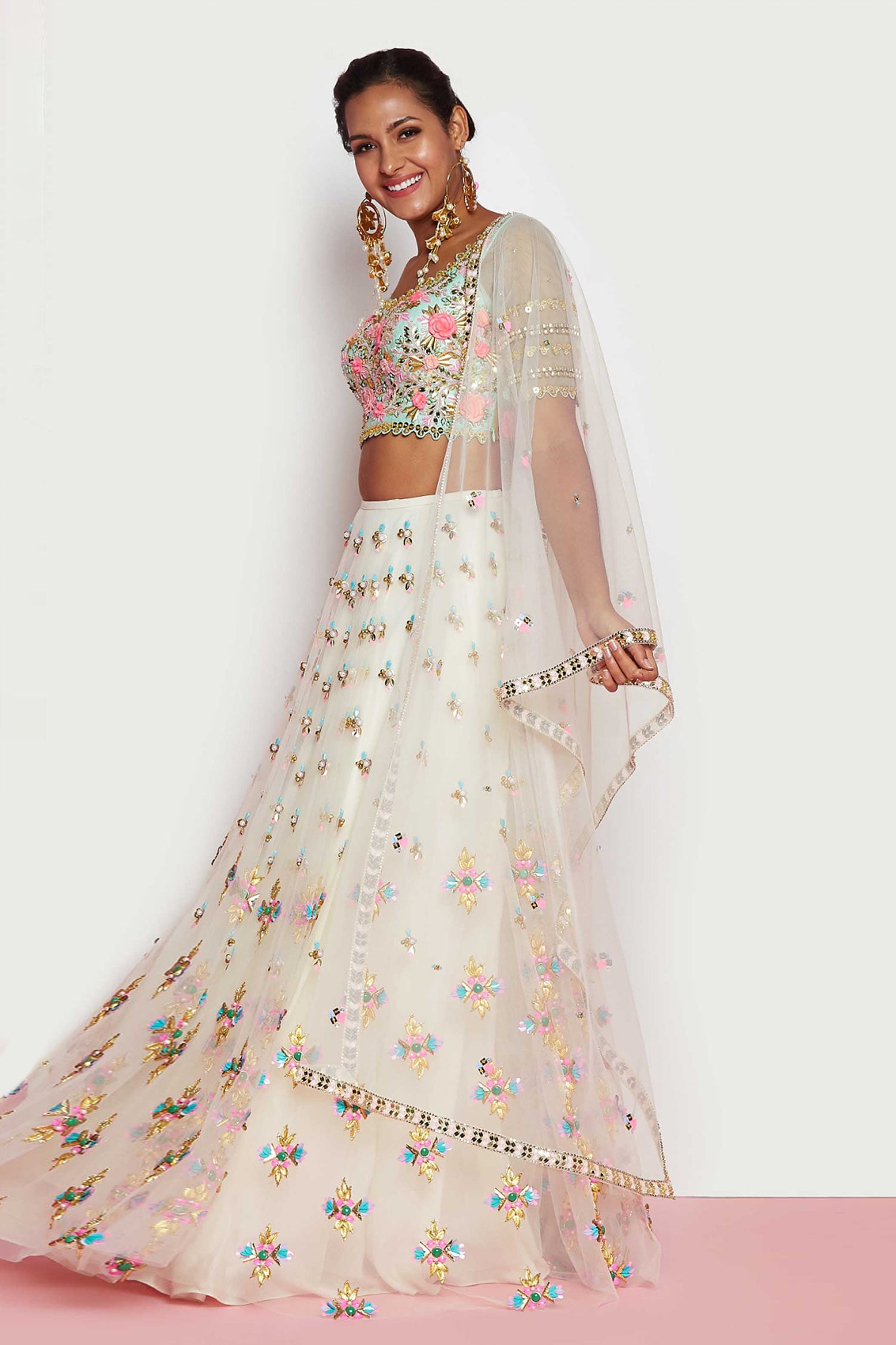 Buy Ivory Tulle Embroidered Metal Trims Pearly Bead And Sequin Lehenga ...