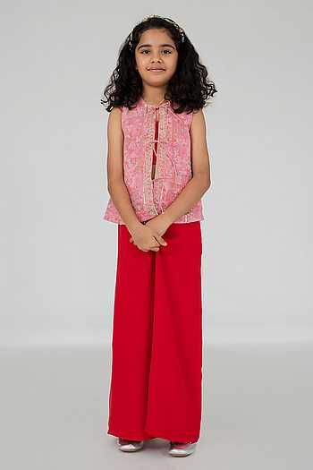 Retro Charm Girls Jacket Pants Set - Pink