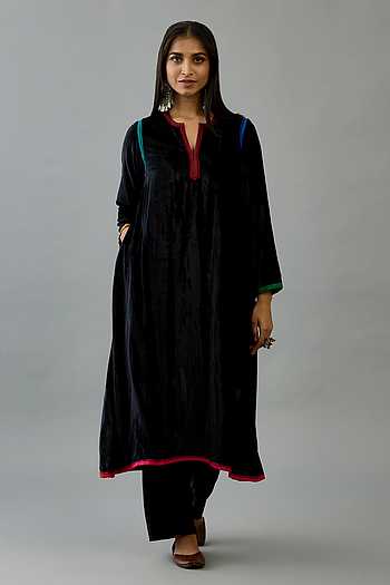 Black Velvet Embroidered Straight Kurta Pant With Dupatta Set