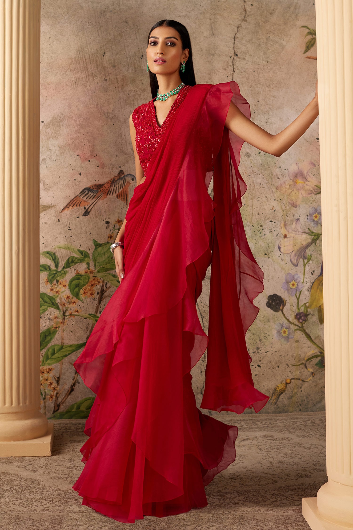 Red Layered Ruffle Saree Set – Bhumika Sharma