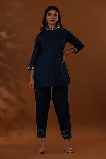 Buy Blue Jaam Cotton Silk Embroidered Thread Band Placement Top With ...