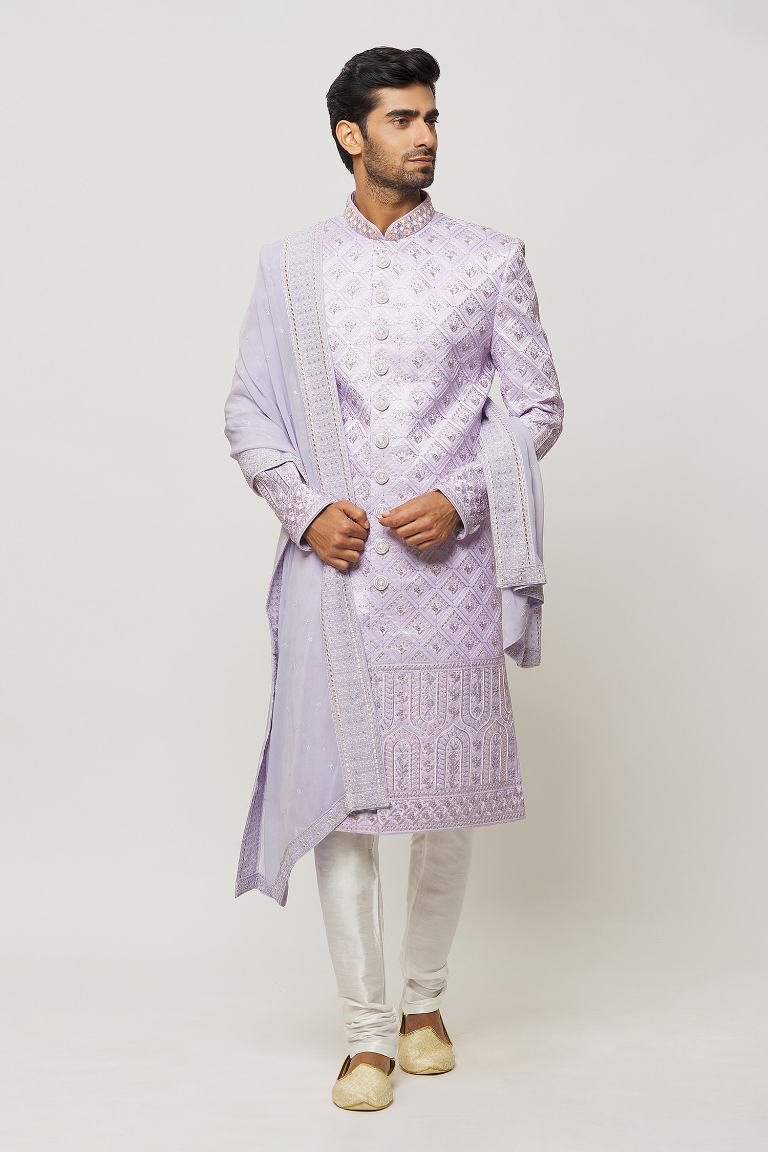 Thread Embroidered Sherwani With Churidar 