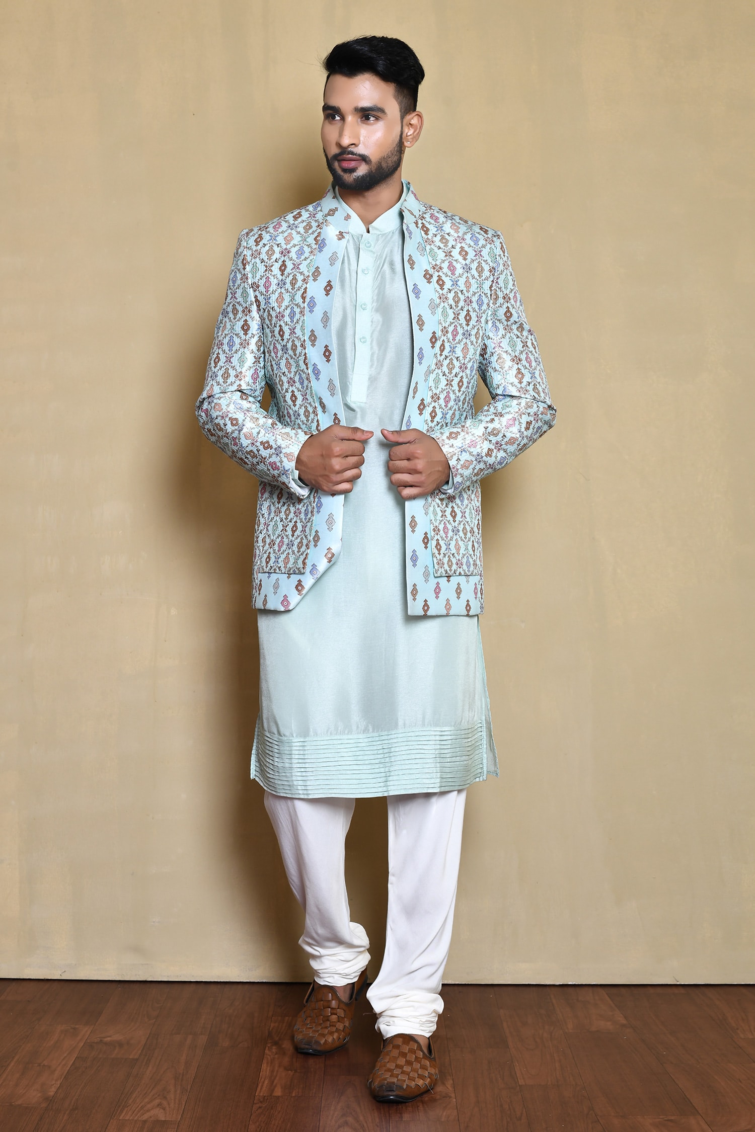 Buy Blue Silk Woven Lobelia Bloom Maze Jacket Kurta Set For Men by ...