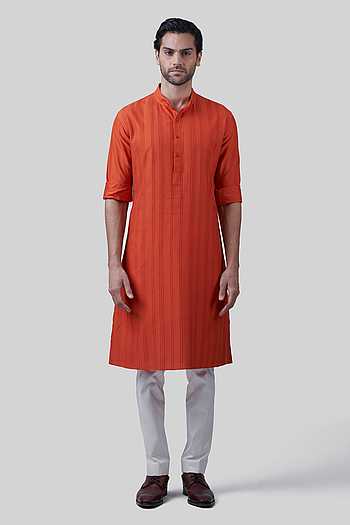 Buy Orange Silk Pintuck Stitch Lines Work Kurta For Men by Raghavendra ...