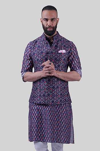 Buy Blue Silk Printed Floral Jharokha The Waistcoat For Men by ...