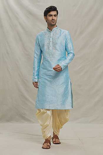 Sky Blue Kurta Dhoti Dhupion Silk
