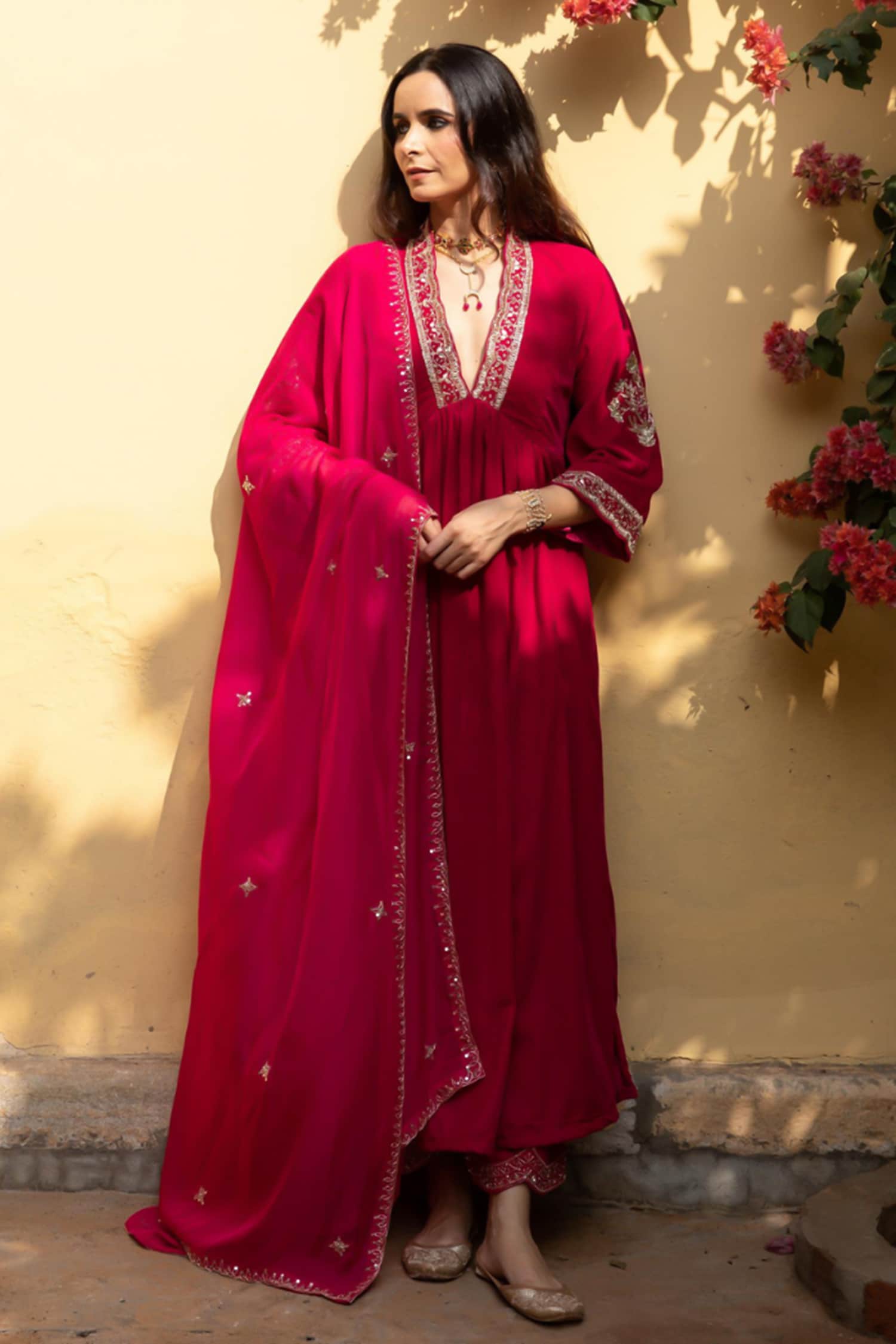 Buy Red Anarkali And Pant Velvet Hand Embroidered Khizaan Gulabi Set