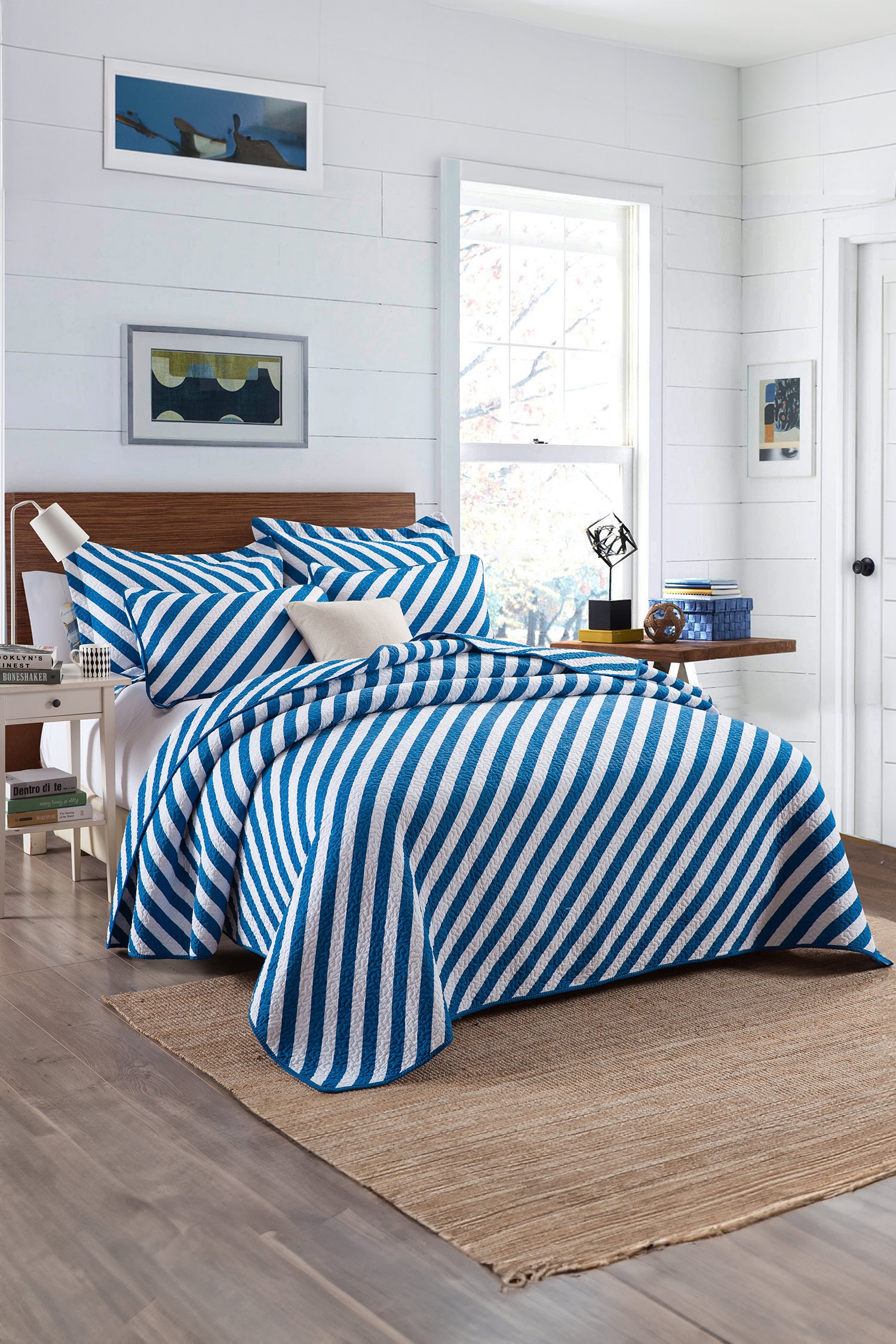 Buy Blue Pure Cotton Striped Quilt And Pillow Cover Set by Quliting
