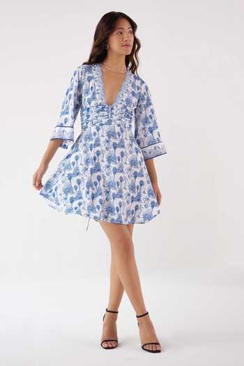 Esra V-Neck Dress - Blue/Cream main image 1