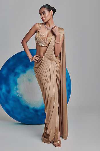 Women Gold Sequins RTW Draped Saree With Unstitched Blouse main image 1