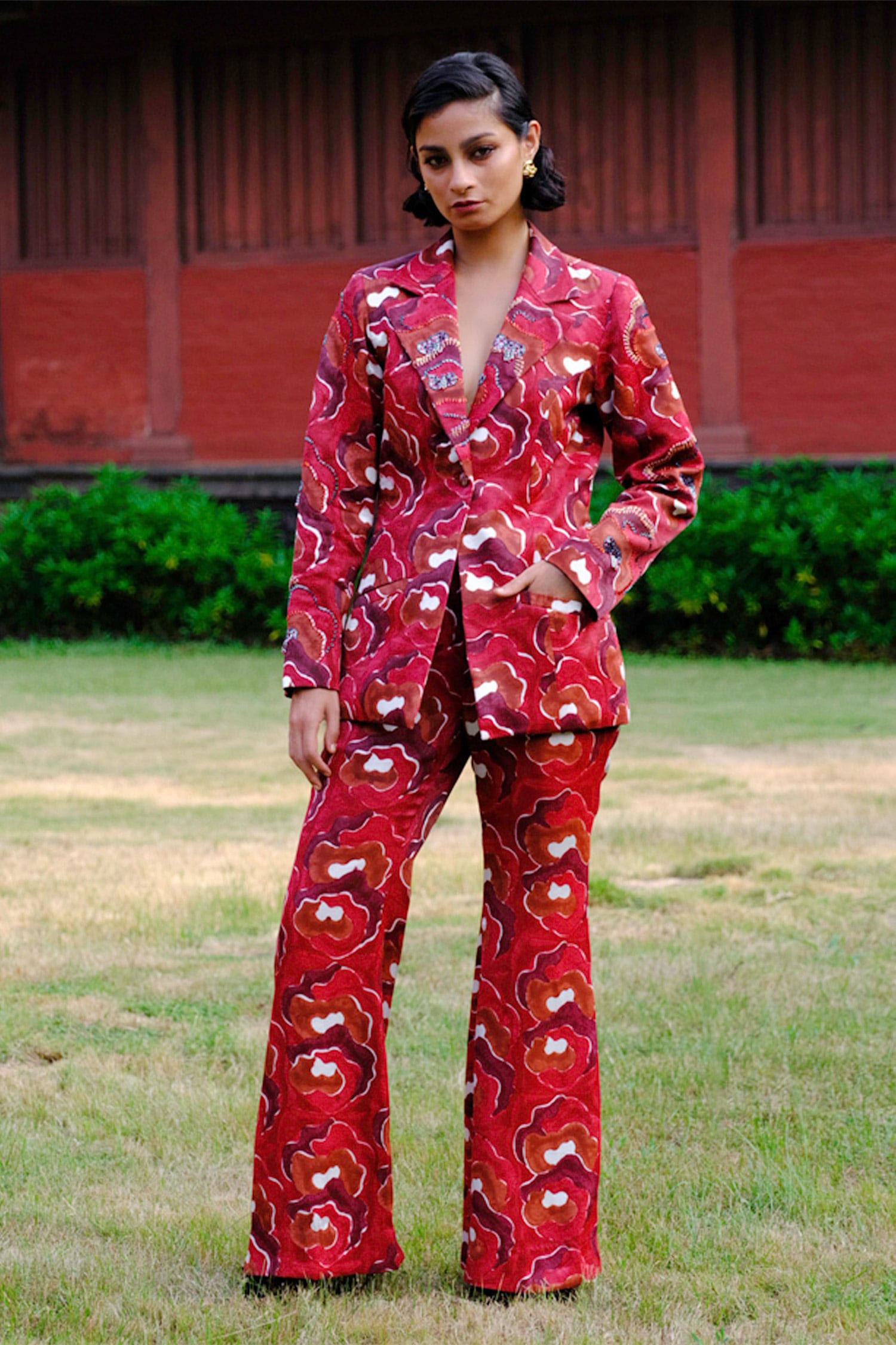 Buy Red Mashru Silk Printed Salima Hand Block Trouser For Women by Jodi ...