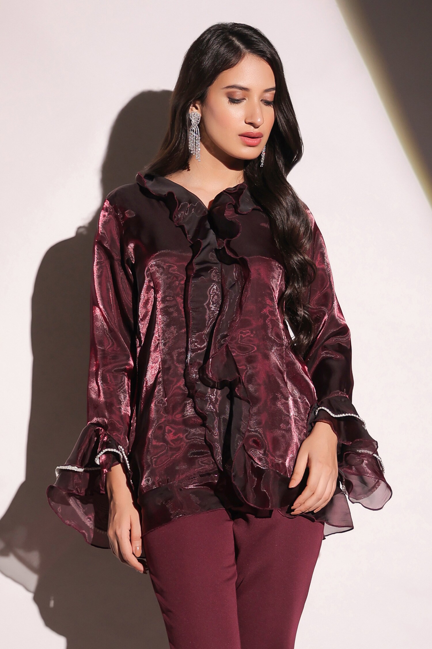 Buy Wine Organza V Neck Rasin Ruffled Top For Women by B'Infinite ...