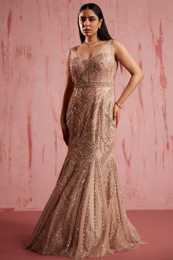 Peach Pink Ombre Net Pitta Sequin Bead Kalidar Gown Illusive Neckline main image 1