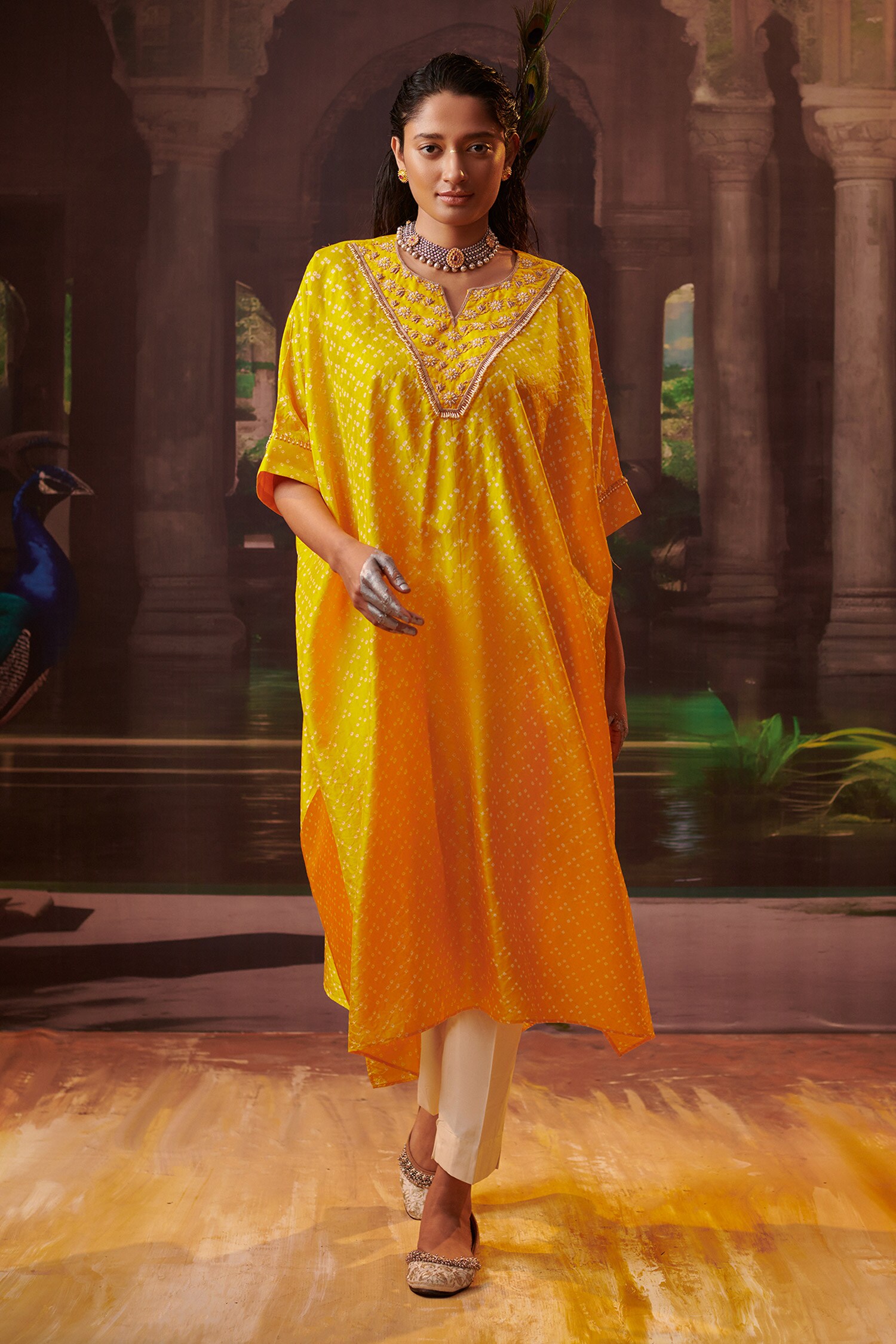 Buy Yellow Kaftan Silk Embroidery Bandhani Notched Pattern With Pant