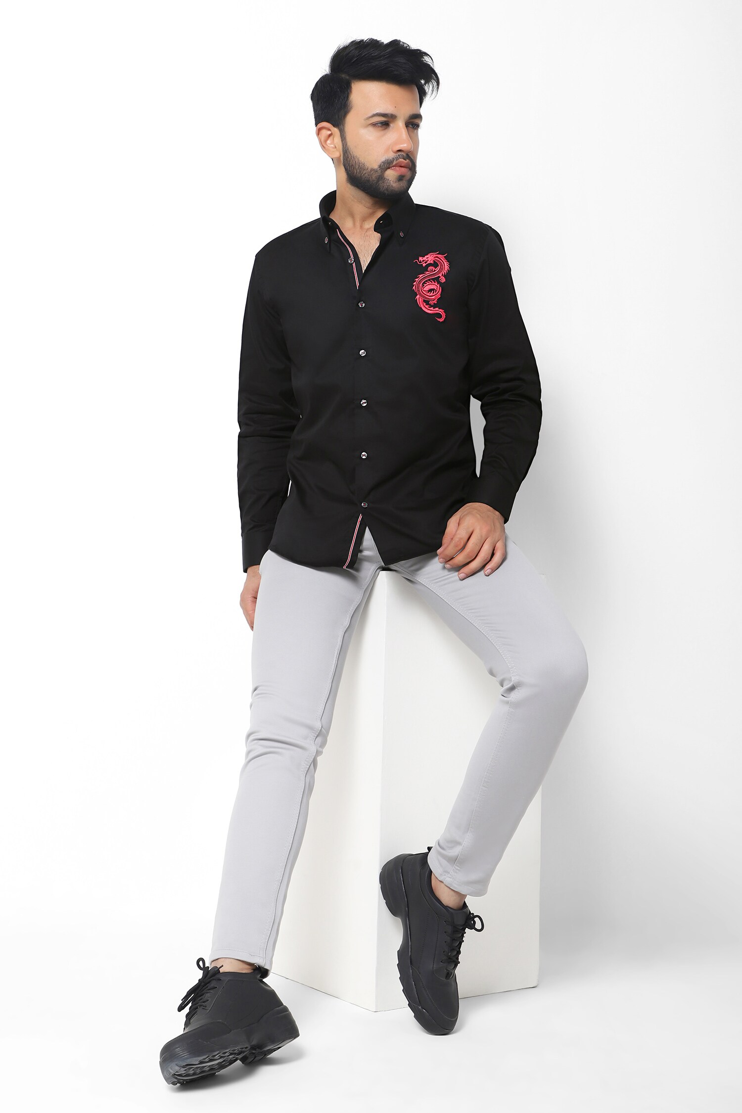 Buy Black Egyptian Cotton Embroidery Dragon Placement Shirt For Men by