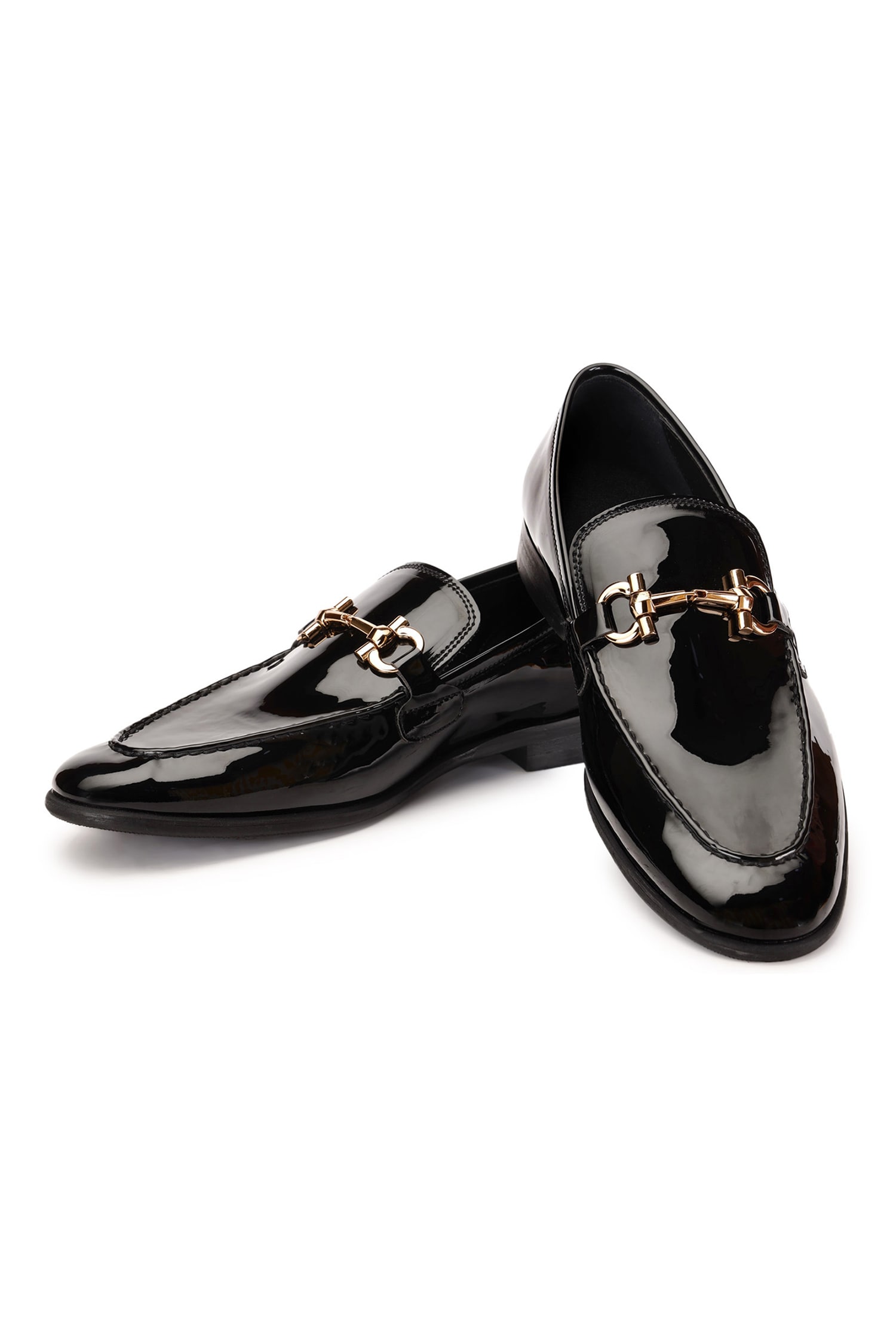 Buy Black Embellished Baoli Horsebit Top Patent Leather Shoes For Men ...