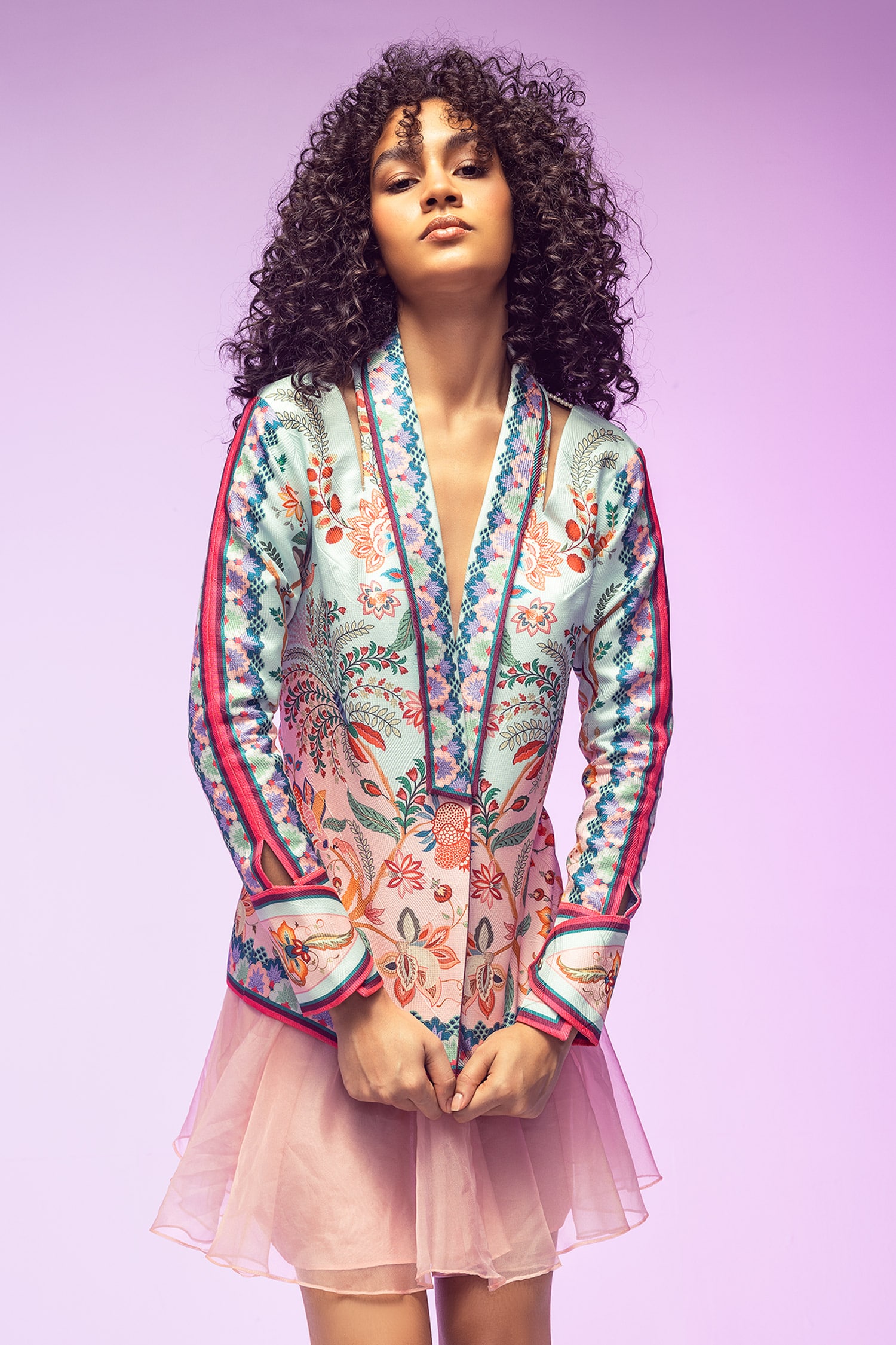 Buy Blue Textured Satin Embroidery Thread Lapel Felicia Floral Jacket