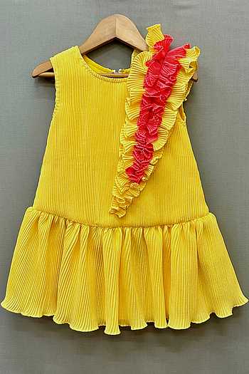 Buy Yellow Pleated Lycra Textured Frilled Dress For Girls by Label ...