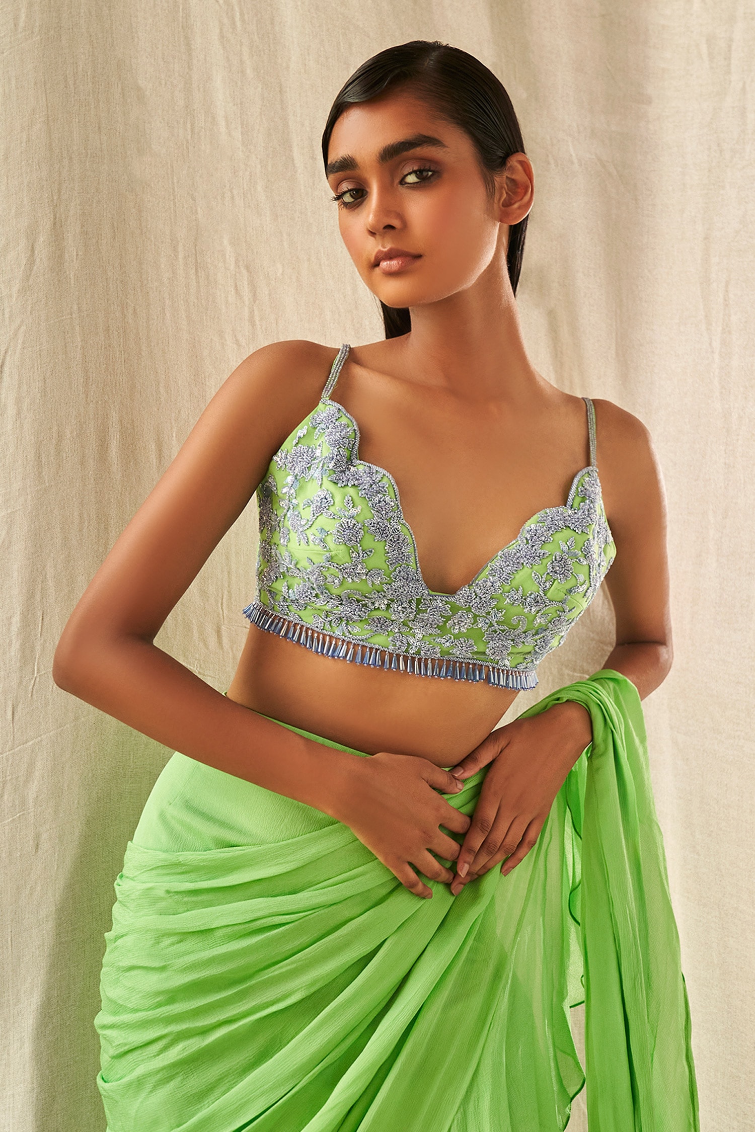 Buy Green Chinon Embroidered Sequin Plain Pre-draped Saree With Blouse For  Women by Alaya Advani Online at Aza Fashions.