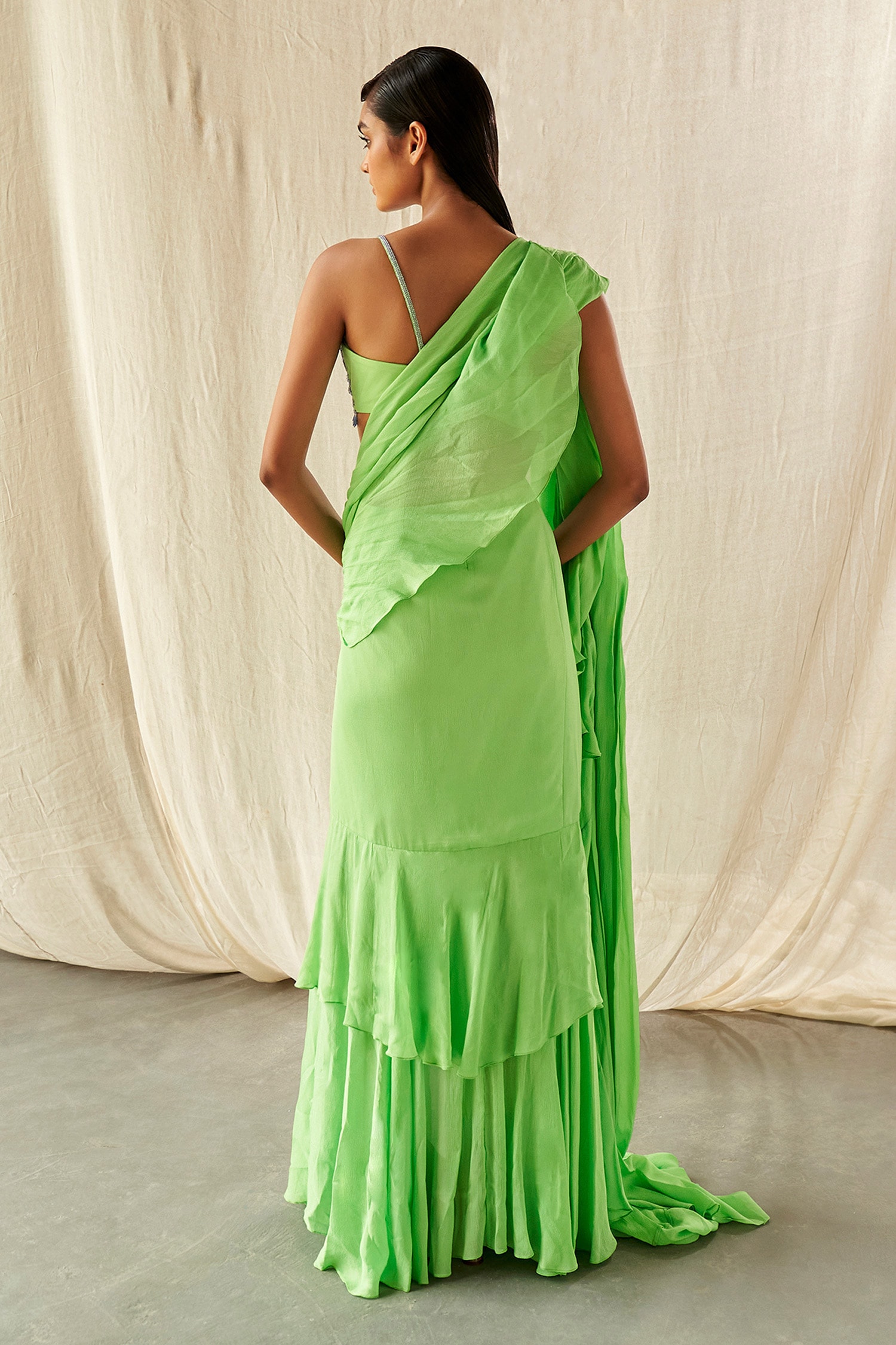 Kashmiraa - Green Chinon Chiffon Pre-draped Saree And Embroidered Blouse  Set For Women