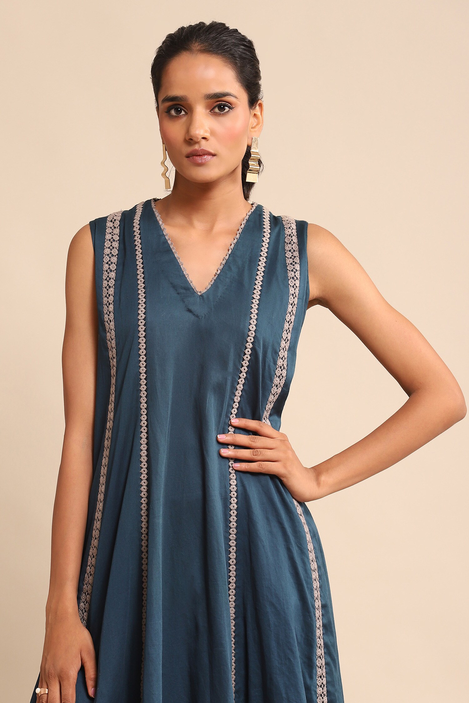 Ritu Kumar - Blue 100% Cotton Embellished Lace V Neck Dress For Women