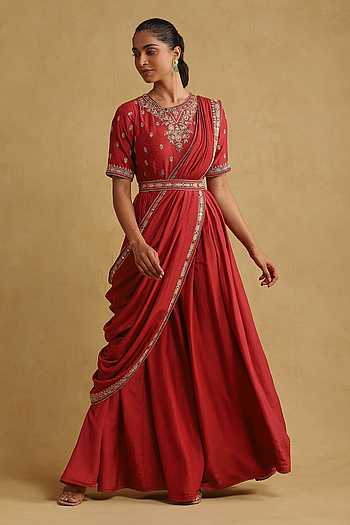 Buy Red Linen, Viscose Sequins, Embroidery Saree Dress Set For Women by Ritu  Kumar Online at Aza Fashions