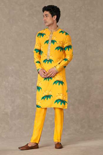 Mustard Yellow Silk Kurta Set For Men With Paisley Print main image 0