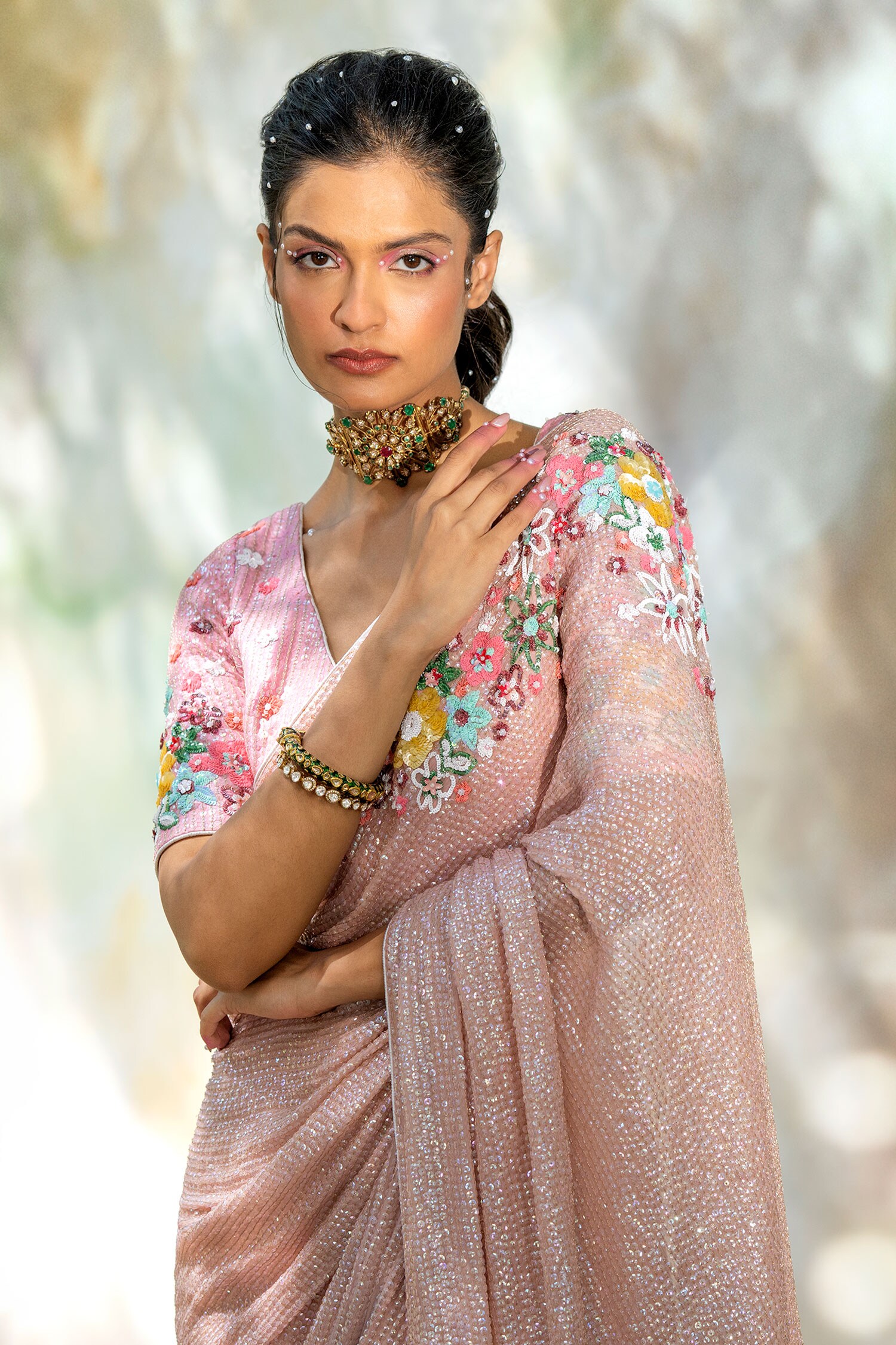 In Full Bloom Bright Pink Saree with Floral Embroidered Blouse – Talking  Threads