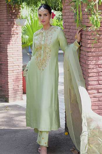 Green Modal Silk Noori Hand Embroidery Long Straight Kurta