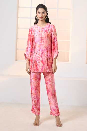 Women's Pink Printed Ethnic Co-ord Set | Asymmetrical Long Kurta with Wide-Leg Pants main image 0