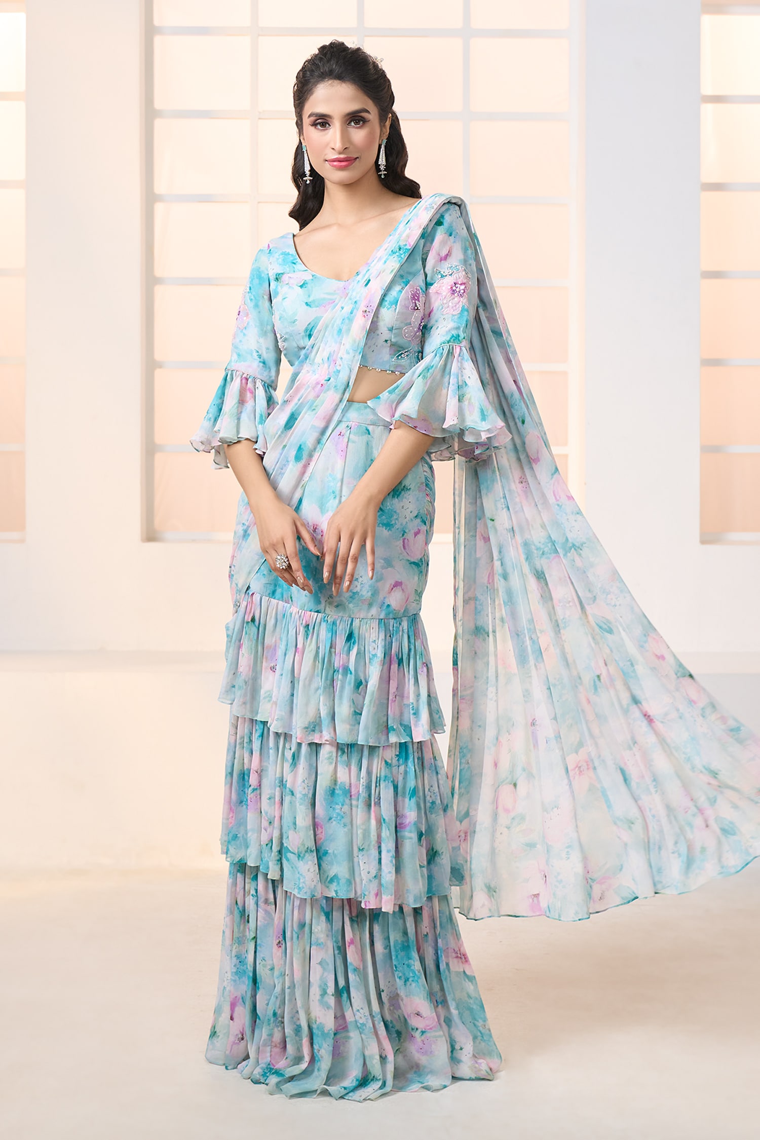 Lotus Print Multicolor Ruffle Saree Dress